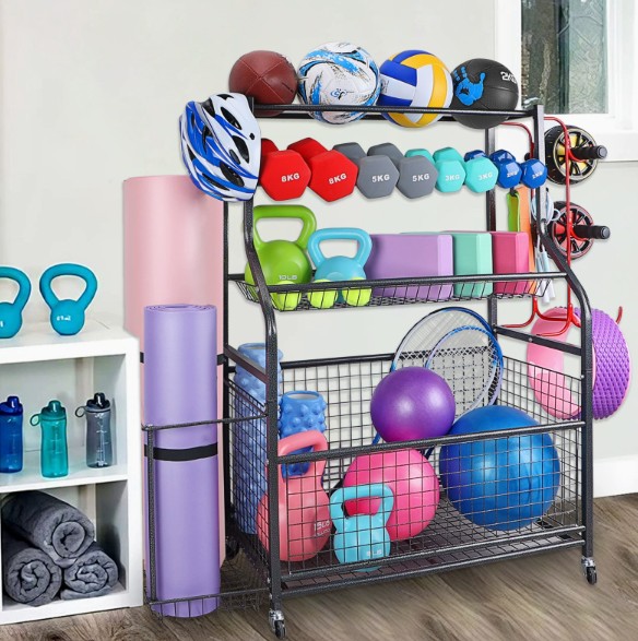 Four-tier fitness equipment rack storage shelf organizer