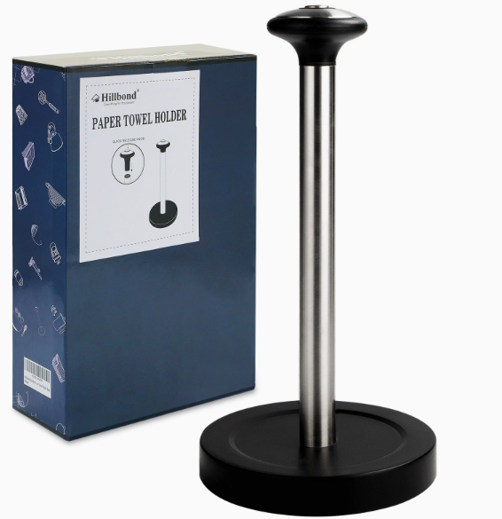Stainless steel flat-head spring paper towel holder, kitchen paper rack, desktop or standing, for home large roll paper, modern simple style