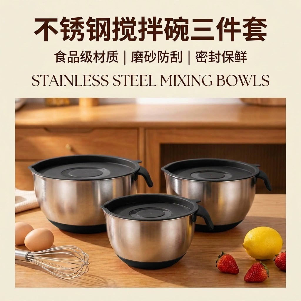 Custom 304 stainless steel silicone-bottom short-handle mixing bowl for whipping cream, baking, and cross-border export