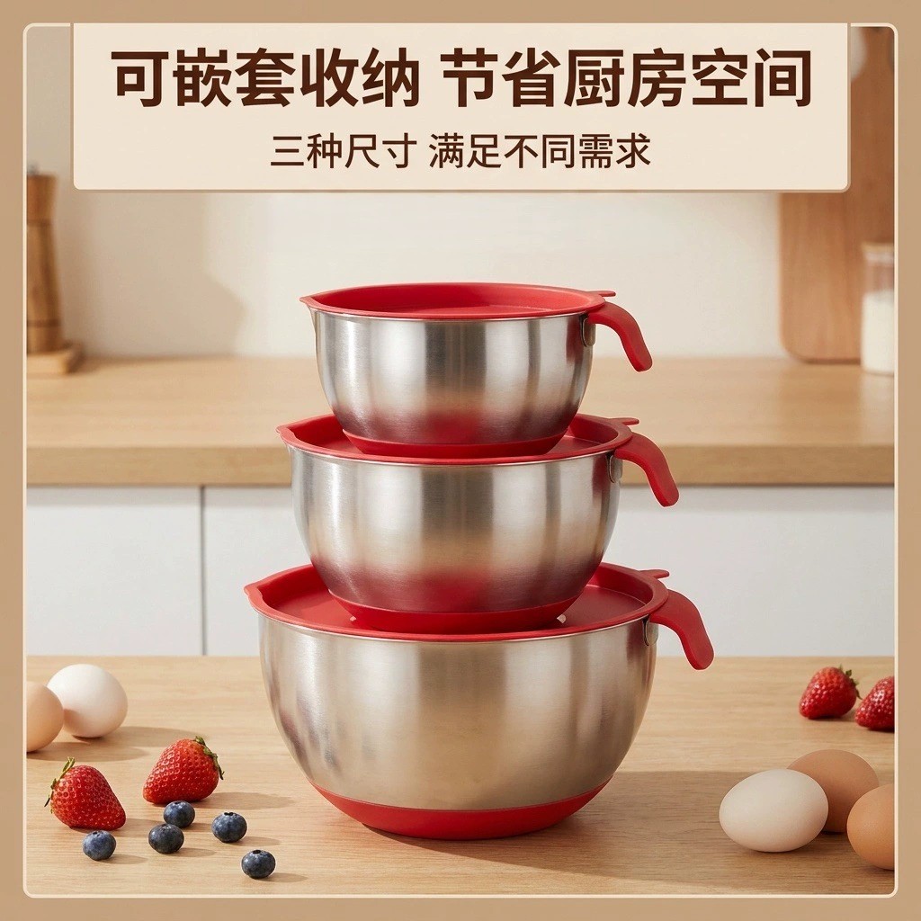 Custom 304 stainless steel silicone-bottom short-handle mixing bowl for whipping cream, baking, and cross-border export