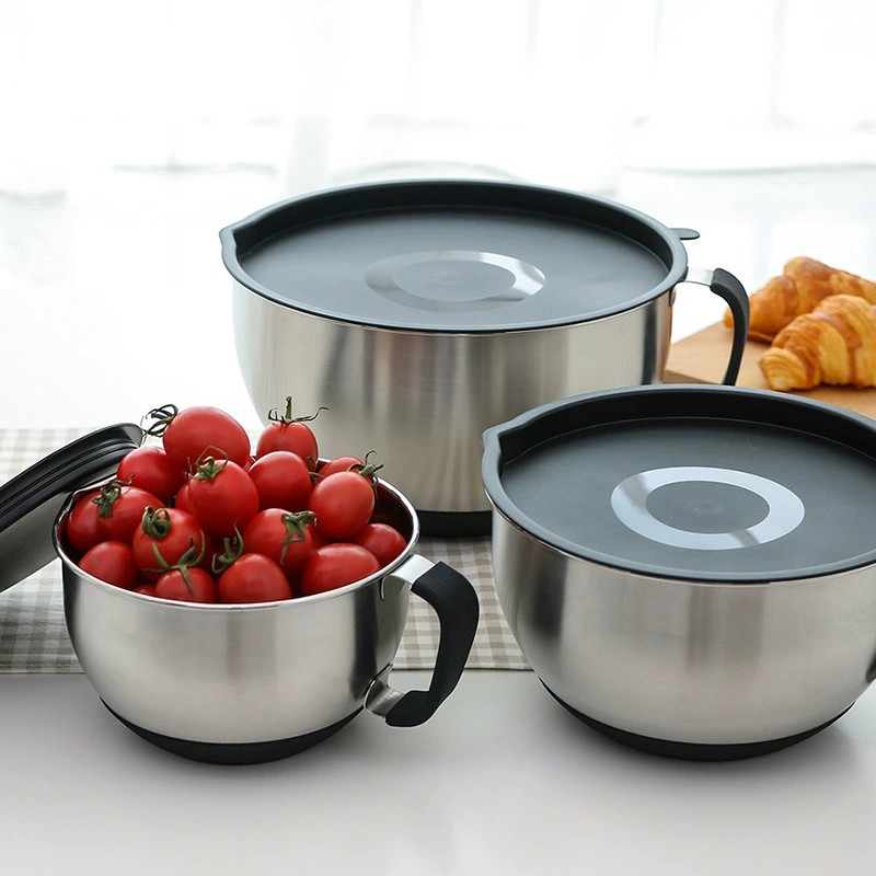 Stainless steel mixing bowl for home use with handle, baking and egg-beating bowl, tall splash-proof cooking bowl, salad bowl