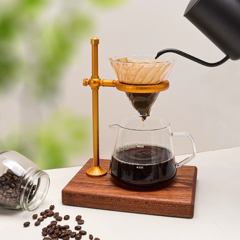 Hand Pour-Over Coffee Stand Outdoor Pour-Over Kettle and Filter Cup Set with Vintage Solid Wood Base