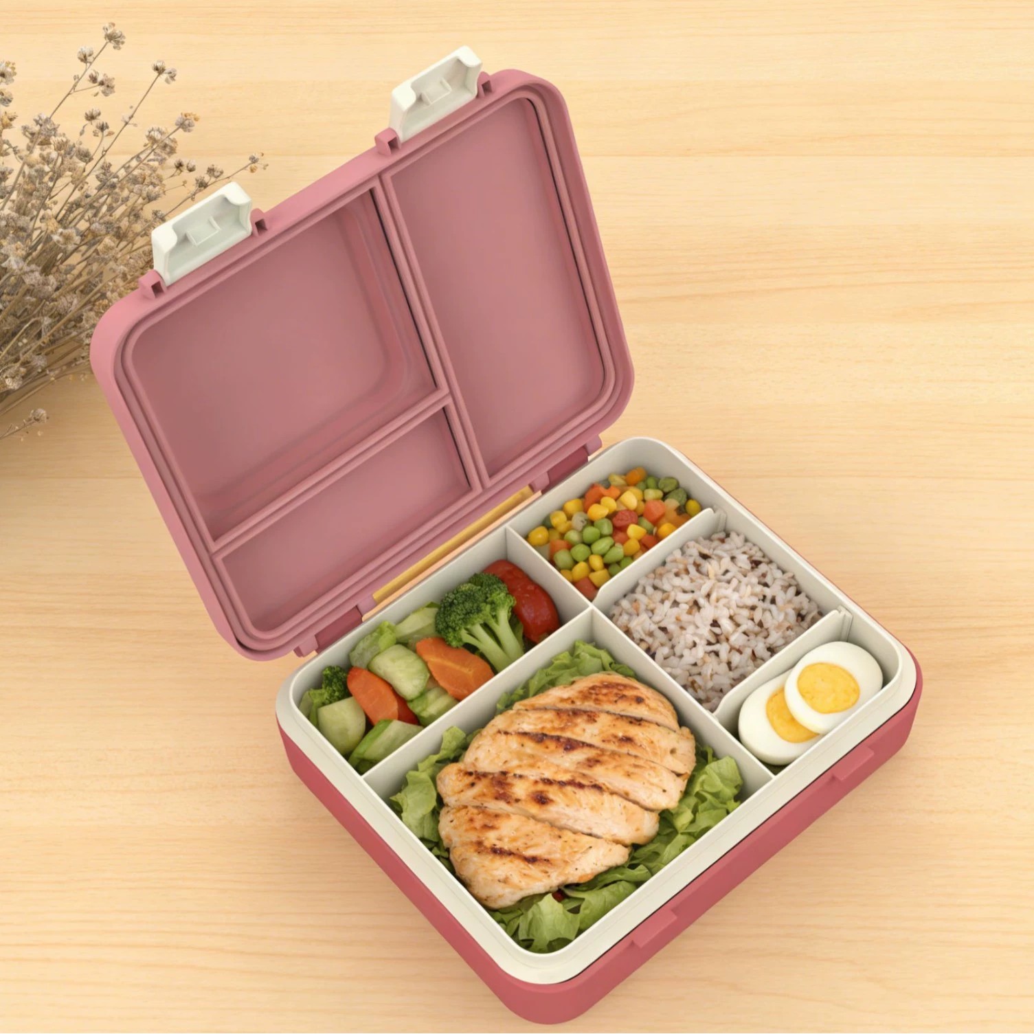 New plastic four-compartment lunch box, rectangular sealed lunch box, can add logo, cafeteria lunch box