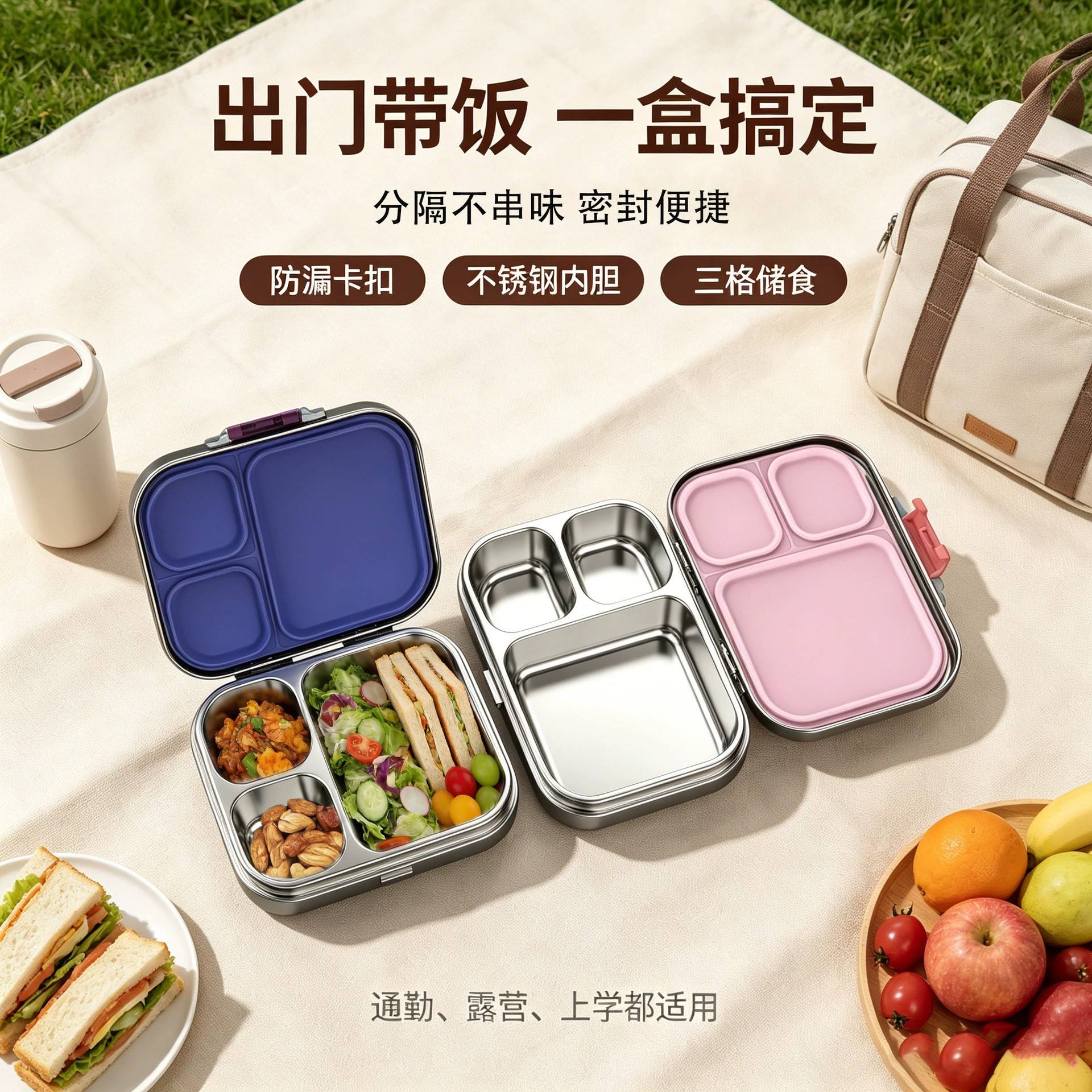 Wholesale 304 stainless steel lunch boxes, portable food-grade sealed multi-compartment bento boxes for office workers and students