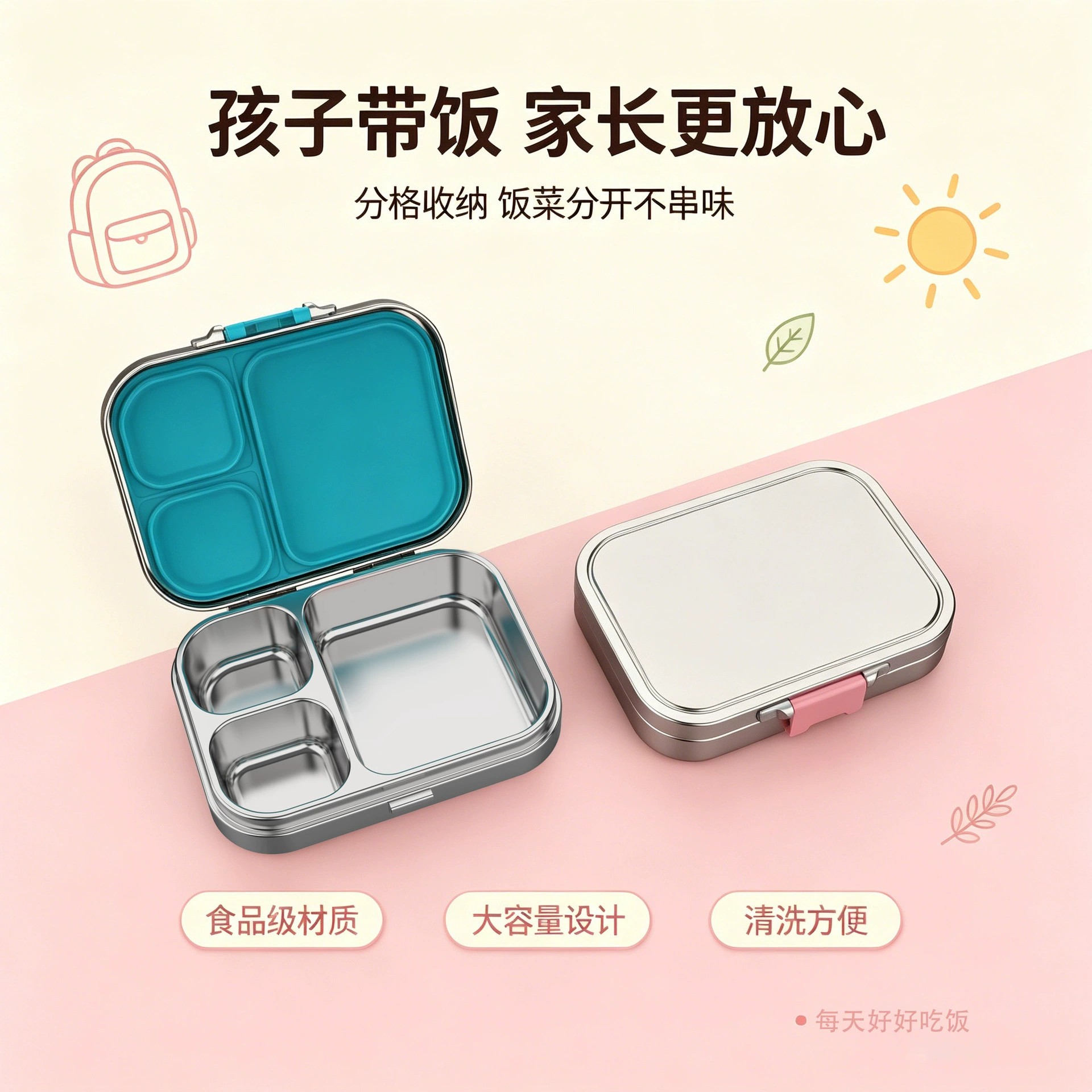 Cross-border direct supply 304 stainless steel lunch box with 4 compartments, odor-proof, suitable for students and office workers, can print custom designs