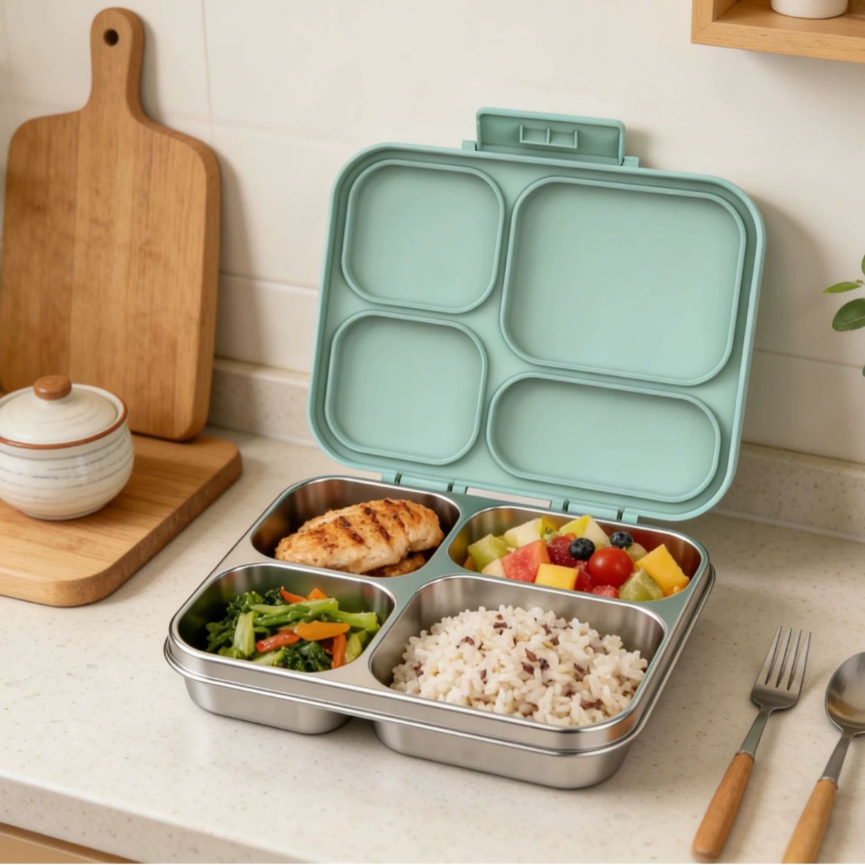 Cross-border direct supply 304 stainless steel lunch box with 4 compartments, odor-proof, office lunch box, customizable with printed designs