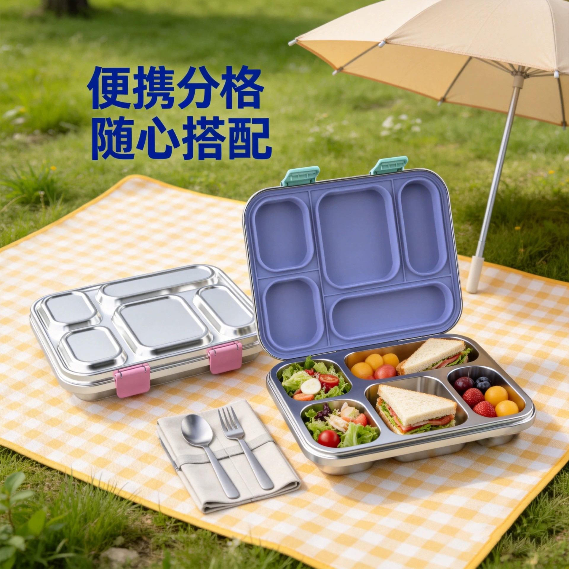 Factory direct sale 304 stainless steel 5-compartment lunch box, office worker meal box, sealed and fresh-keeping, compartmentalized, stylish meal prep box for fat loss