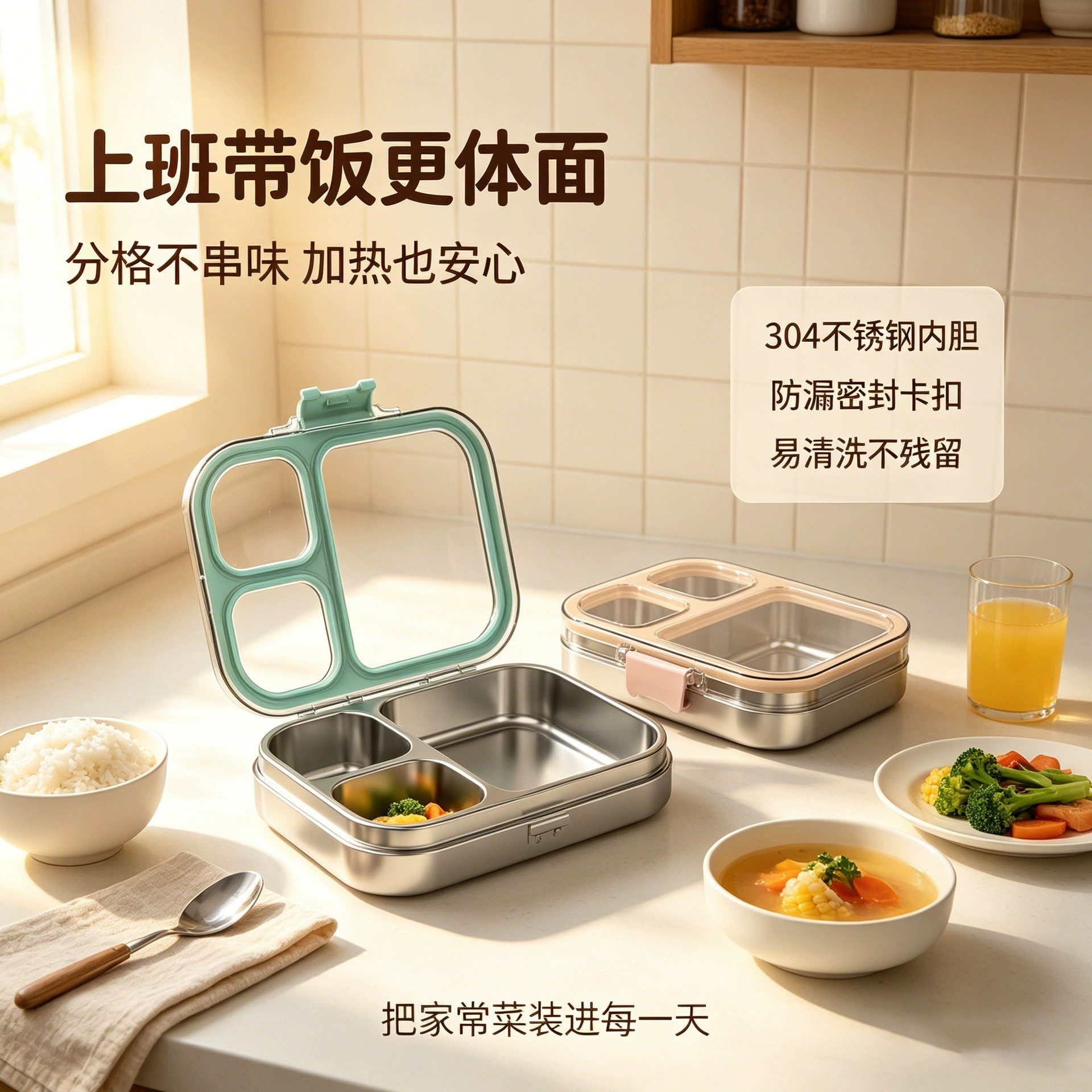 304 stainless steel sealed three-compartment transparent lid lunch box, children's student office lunch box, leak-proof portable lunch box