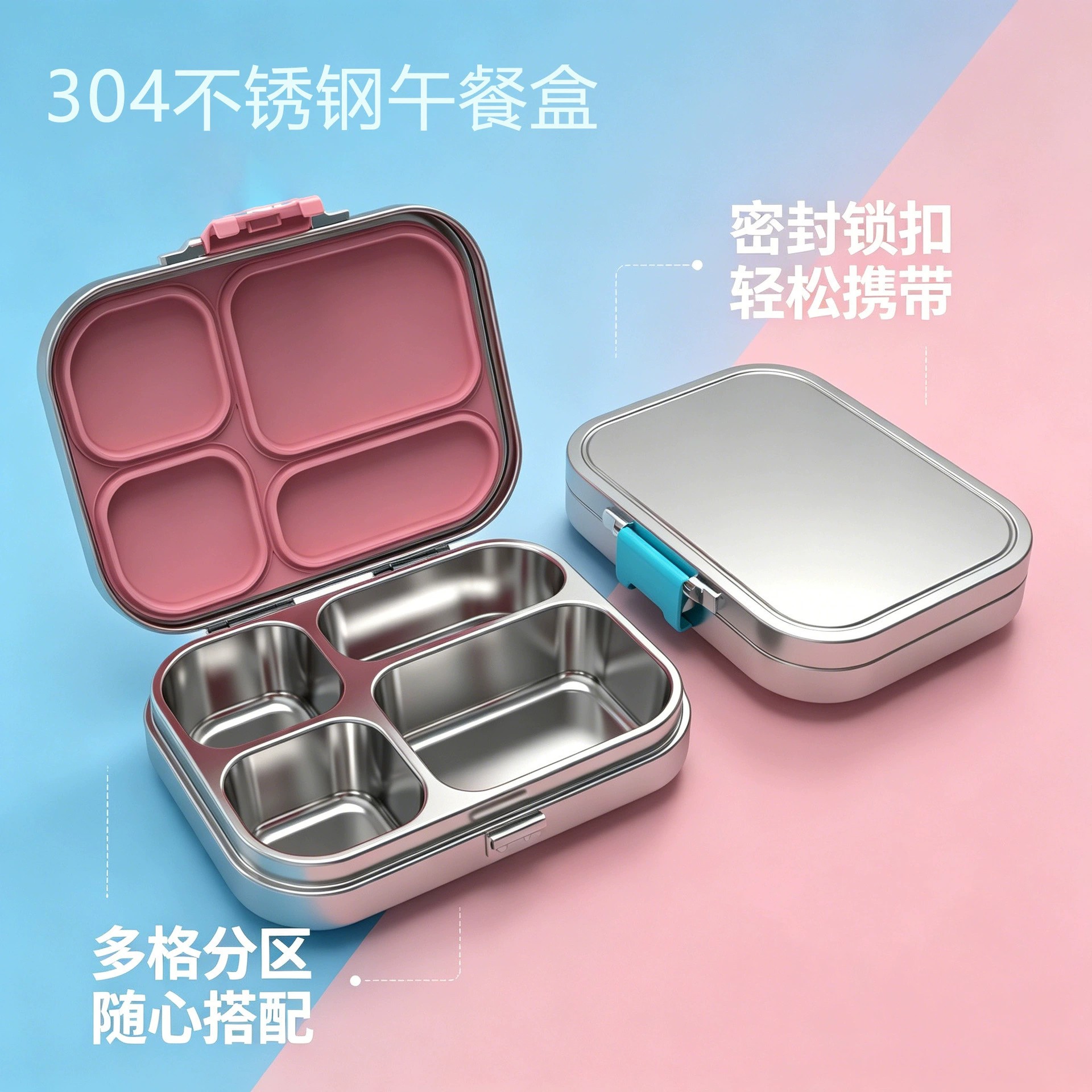 Four-compartment stainless steel lunch box, kids' lunch box, student meal box, sealed divided compartments, manufacturer style 304 divided lunch box