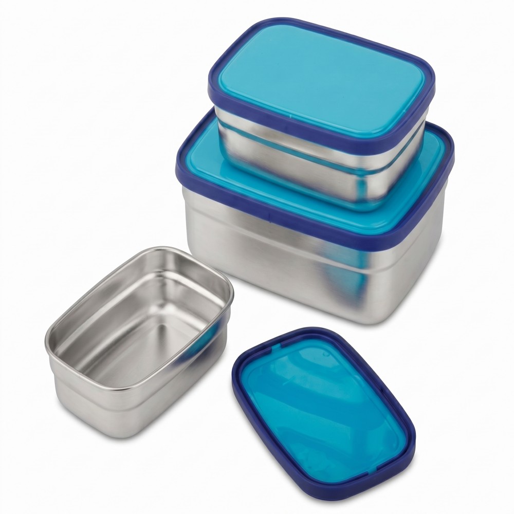 Nesting Rectangular Stainless Steel Food Container Set with Translucent Blue Lids