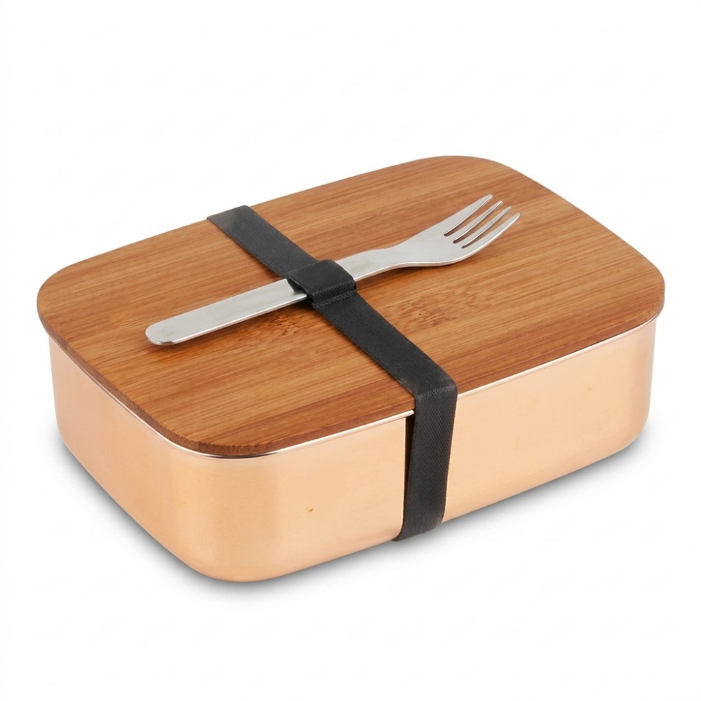 Copper-Tone Stainless Steel Bento Box with Wood-Grain Lid and Utensil Band