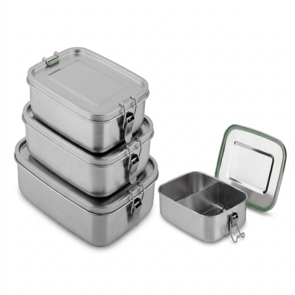 Stainless Steel Lunch Box Collection with Locking Clips and Dividers