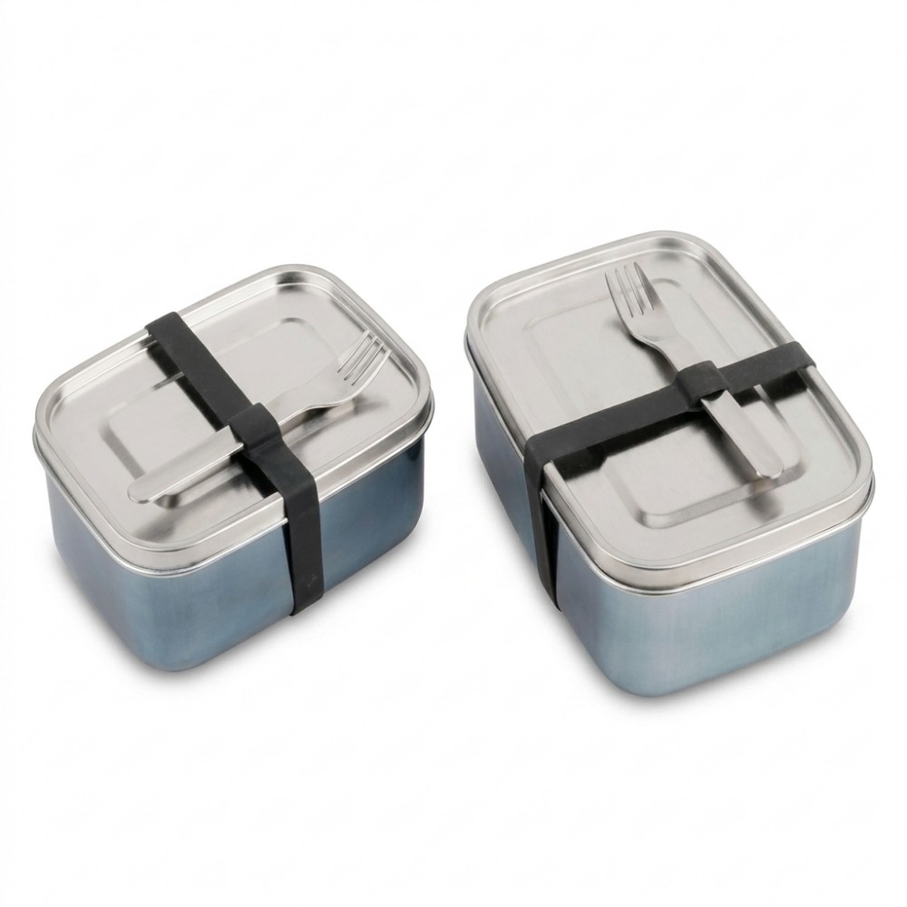 Stainless Steel Bento Box Collection with Metal Lids, Forks, and Carry Bands