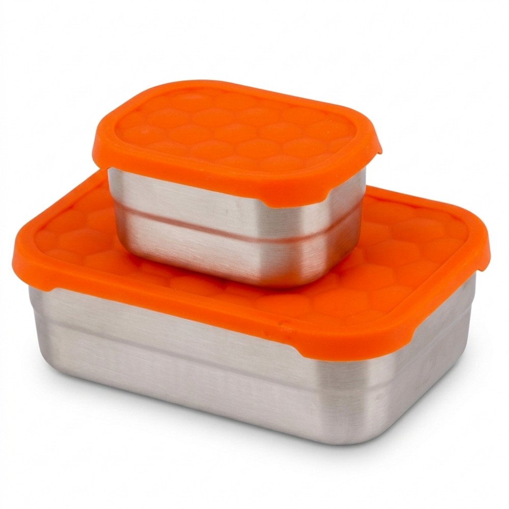 Nesting Rectangular Stainless Steel Food Container Set with Flexible Orange Lids