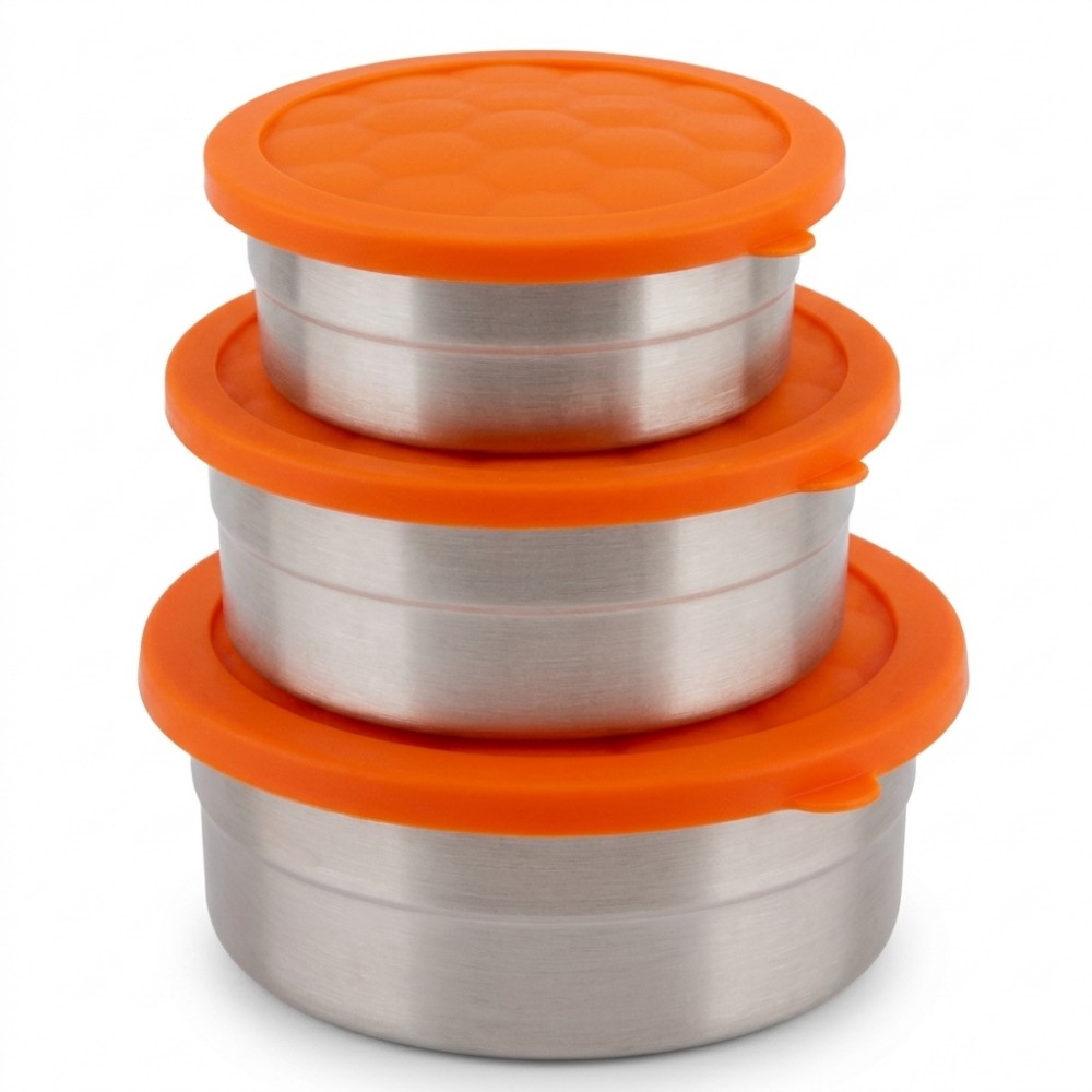 Nesting Round Stainless Steel Food Container Set with Flexible Orange Lids
