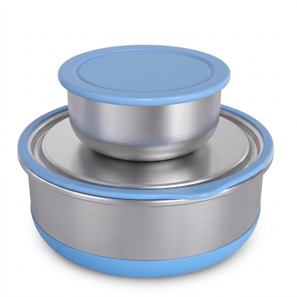 Round Stainless Steel Food Container Collection with Color-Accented Lids