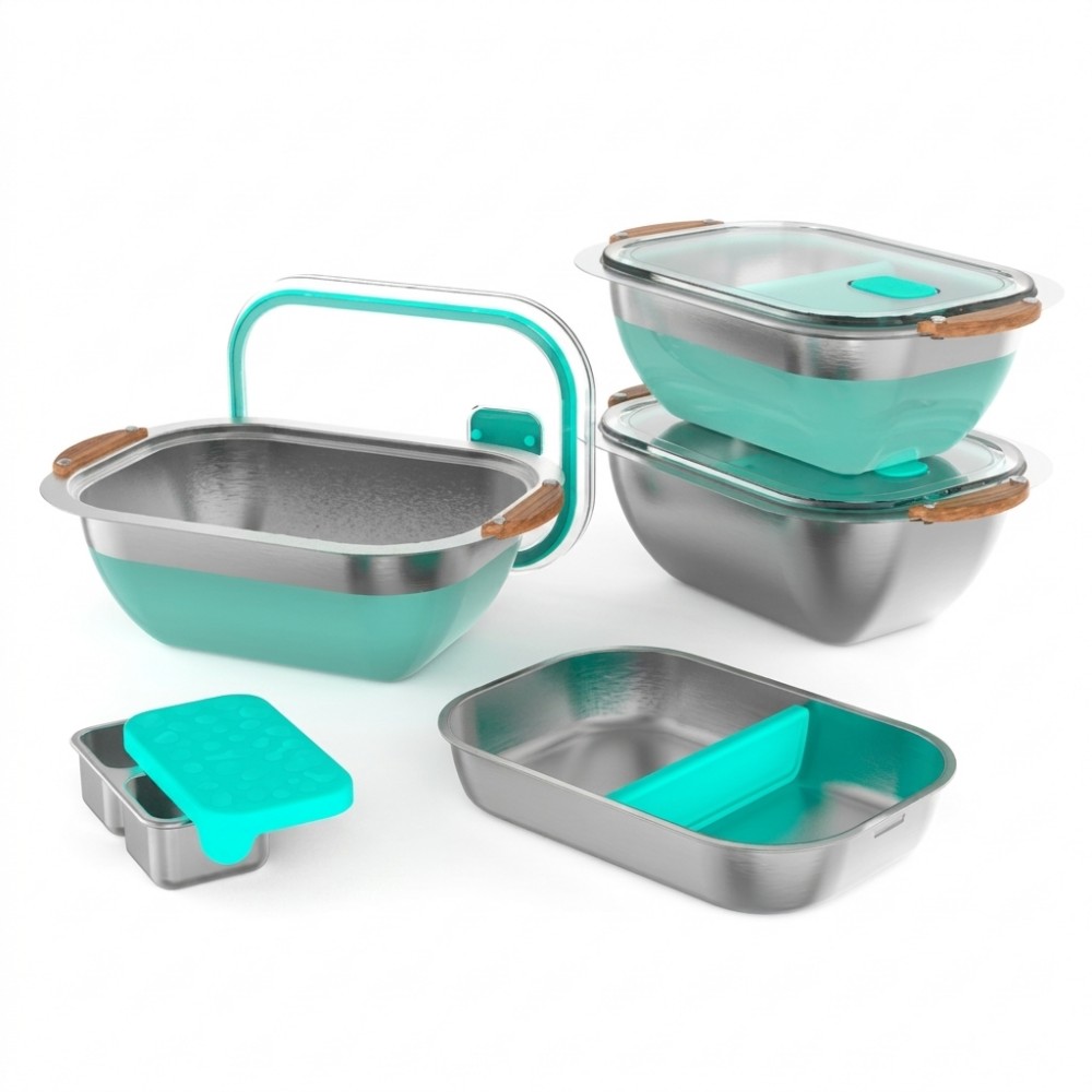 Modular Stainless Steel Lunch Container Set with Divider and Side Dish Box