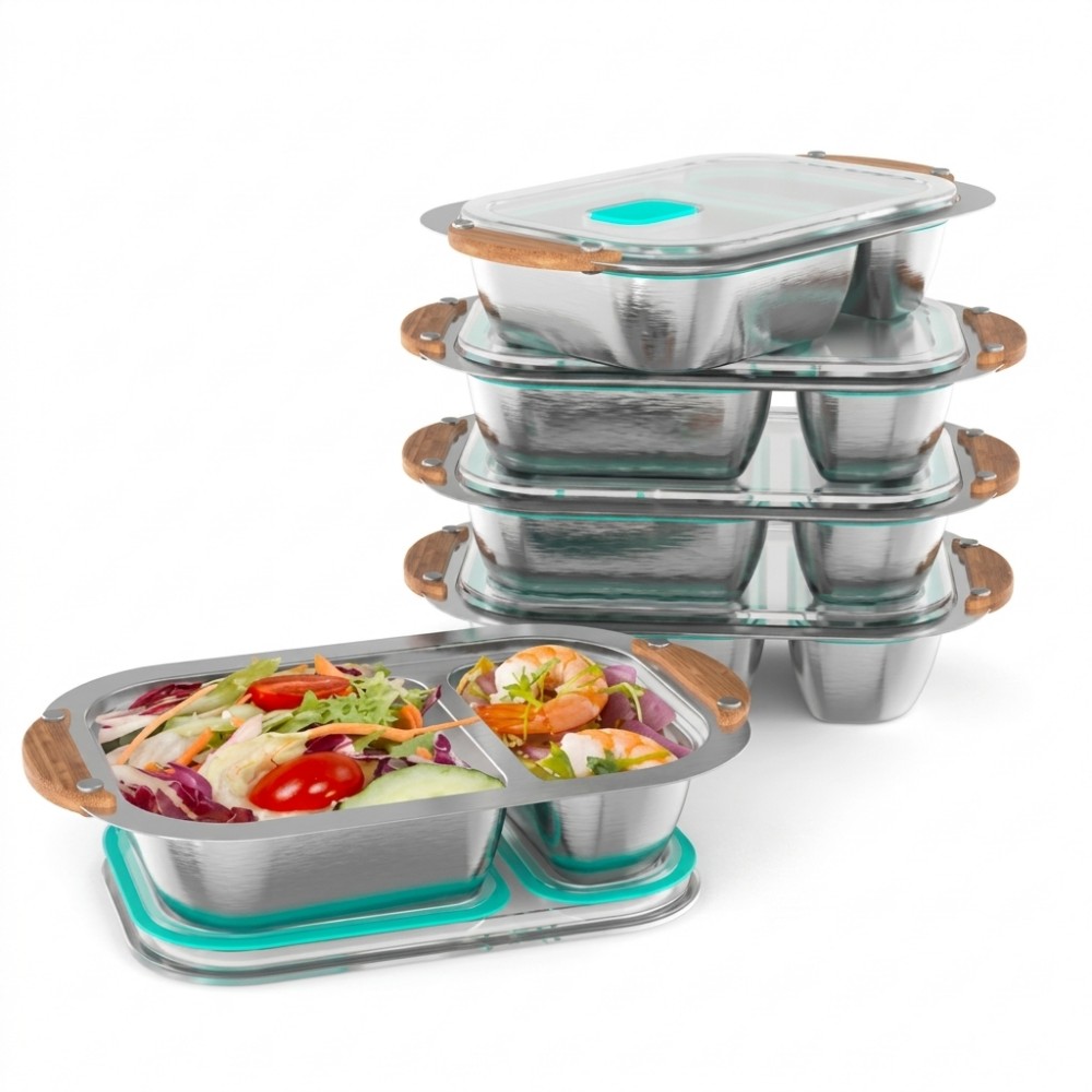 Divided Stainless Steel Meal Prep Container with Transparent Lid and Handles