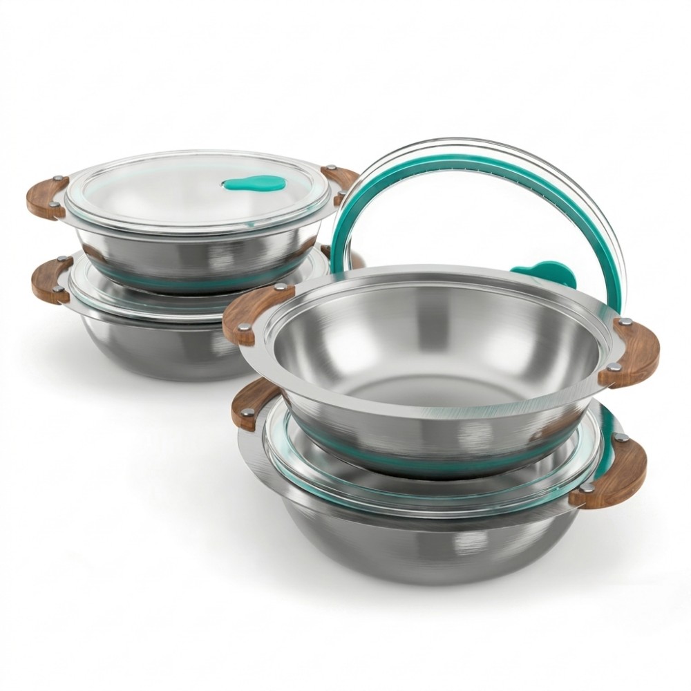 Round Stainless Steel Food Storage Bowl Set with Handled Vented Lids