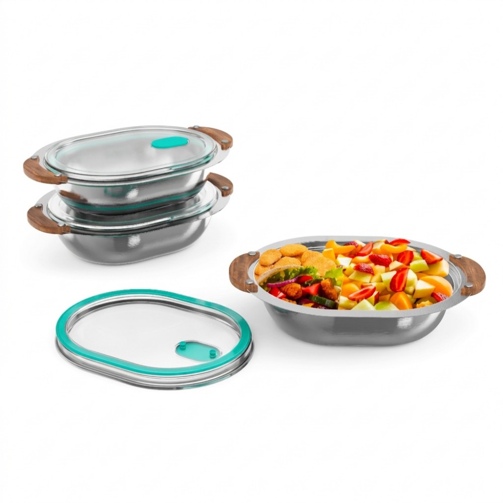 Oval Stainless Steel Food Container Set with Handled Vented Lids